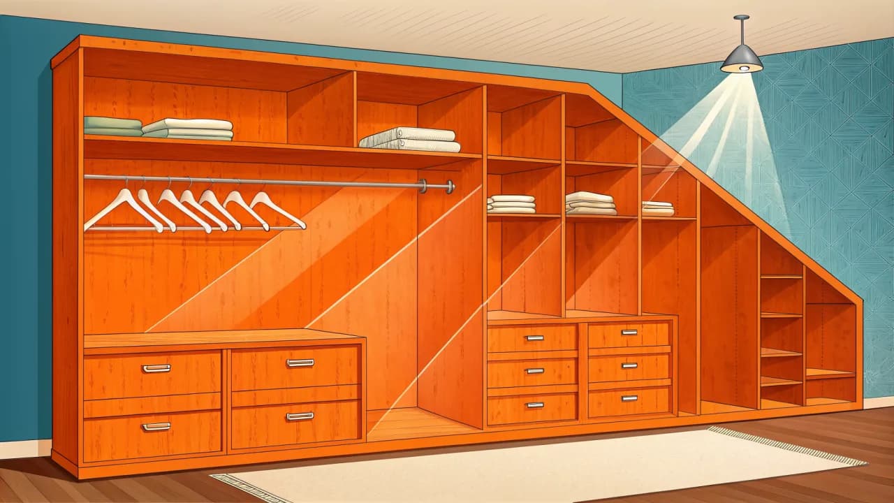 Querschnitt eines Dressing-Rooms mit Hängestange, Regalen und Schubladen, Lichtstrahl und Luftzirkulationslinien