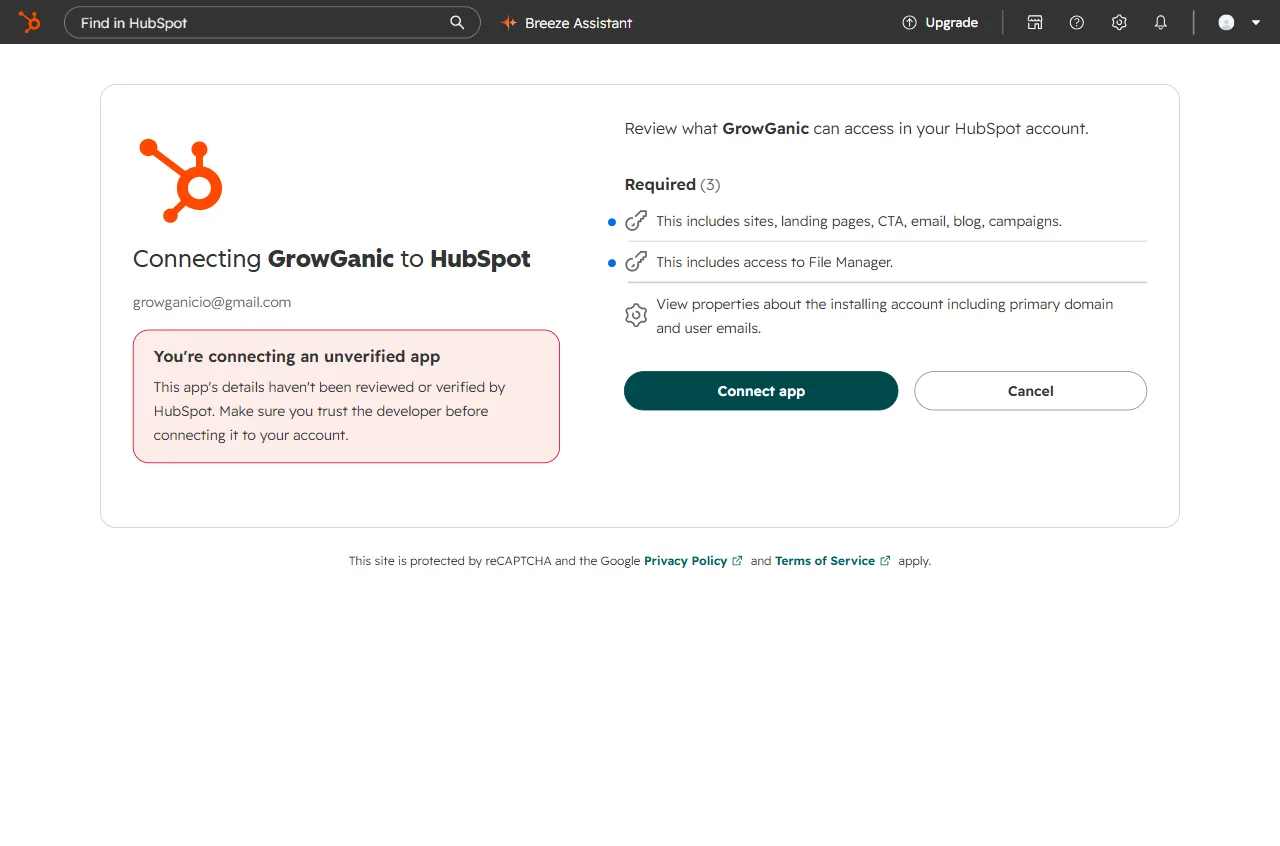 HubSpot's permission screen for GrowGanic, listing three required permissions: content (sites, landing pages, CTA, email, blog, campaigns), access to File Manager, and viewing properties about the installing account, with Connect app and Cancel buttons.