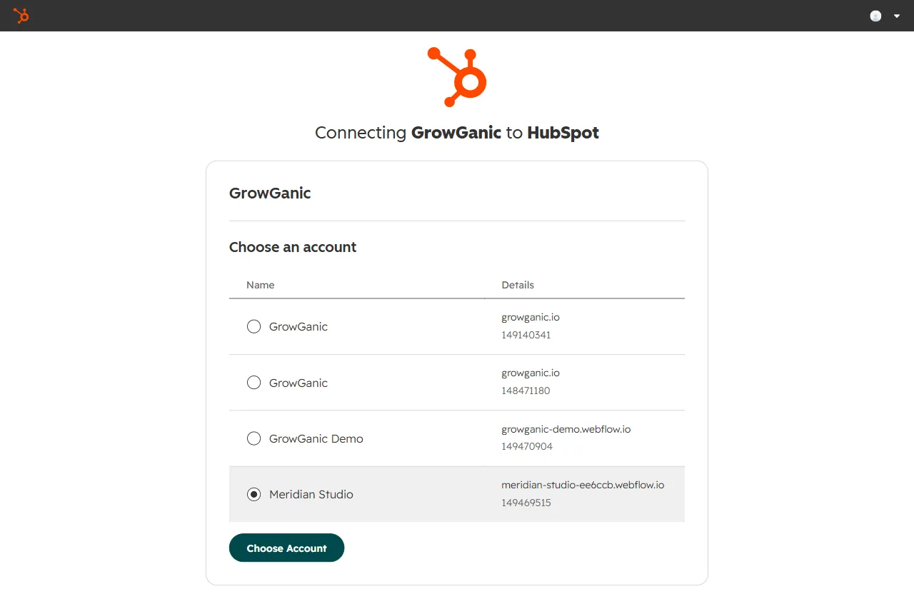 HubSpot's Connecting GrowGanic to HubSpot screen, titled Choose an account, listing HubSpot accounts with their domains and account ids, one of them selected, above a Choose Account button.