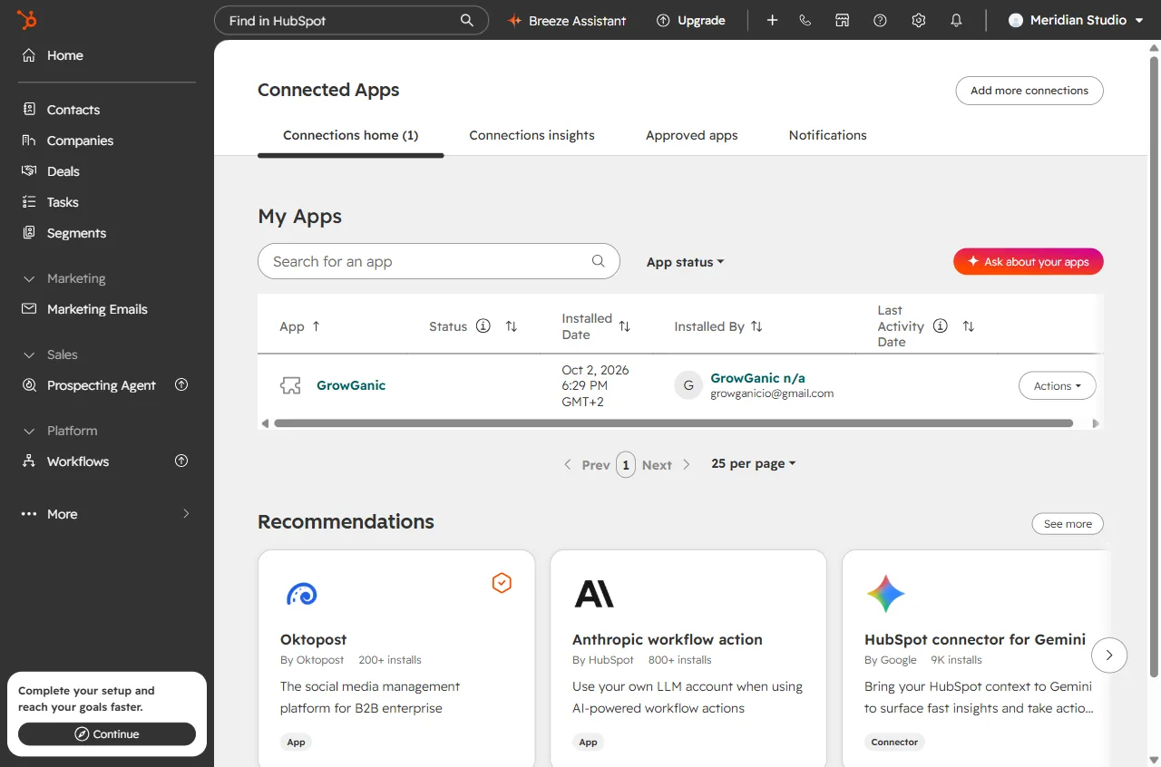 HubSpot's Connected Apps page with GrowGanic listed under My Apps, its install date and the user who installed it, and an Actions button at the end of the row.